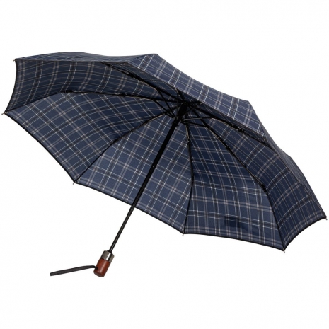 Складной зонт Wood Classic S с прямой ручкой, синий в клетку0